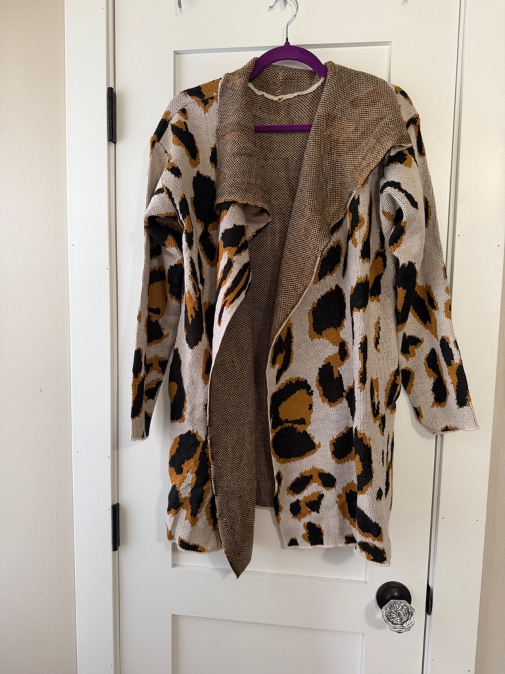 Open-Front Leopard Print Cardigan Sweater in Beige and Brown
